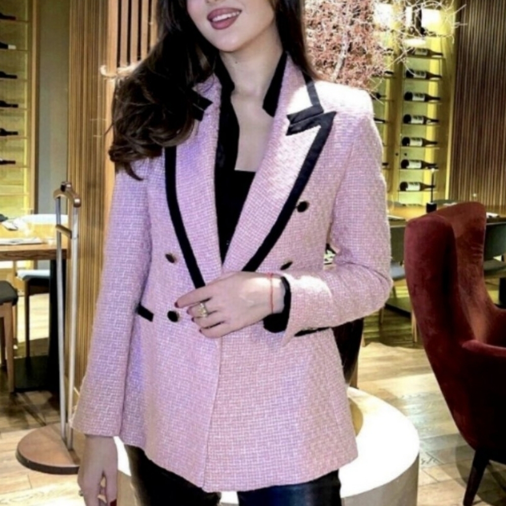 SOLD Zara Tweed pink Double Breasted Blazer Jacket L Structured contrast Black - Picture 4 of 17